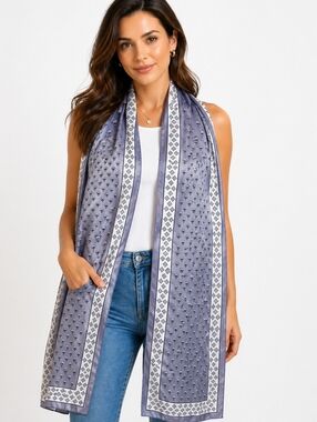 Vintage Japan Silky Geometric Print Scarf in Lavender and White